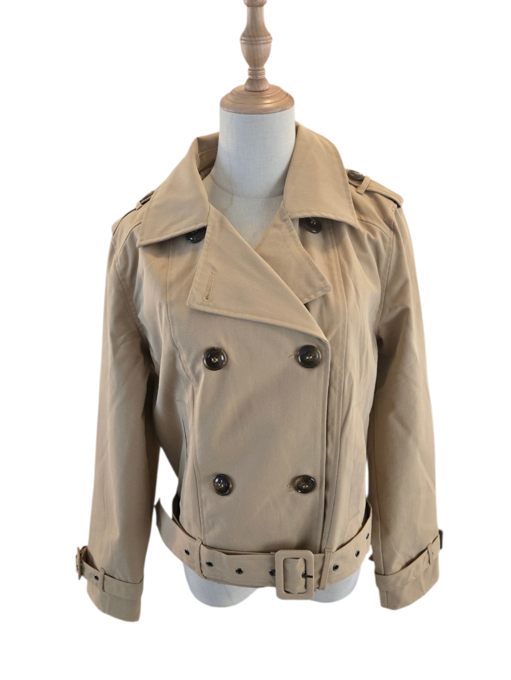 Madden Girl Tan Cropped Double Breasted Belted Trench Coat NWT
